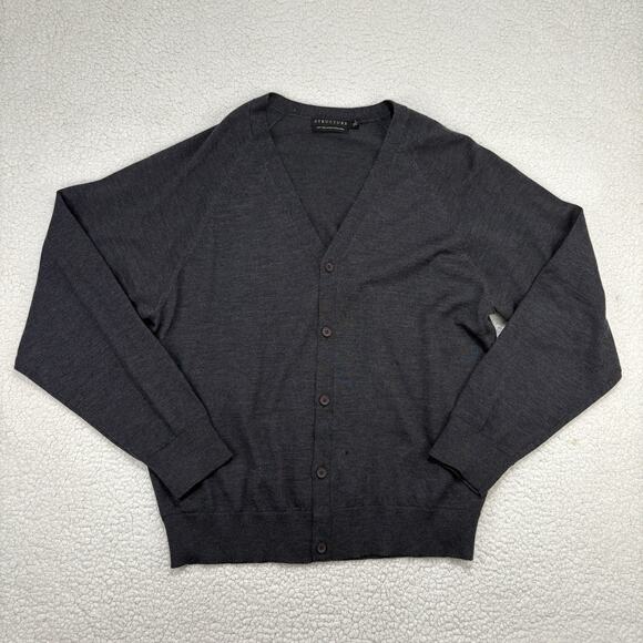 Structure 100% Fine Italian Merino Wool Button Up Grey Cardigan Sz L FLAWS READ - Picture 1 of 9
